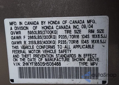 2005 Honda Pilot Ex-L z USA, uszkodzony, nr VIN 2HKYF18505H508468